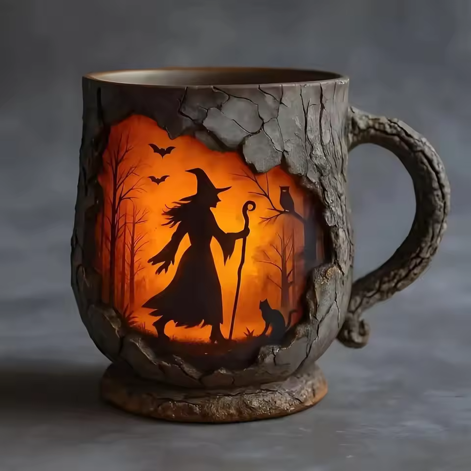 Handcrafted 3D Halloween Mug – Witch and Cat Design