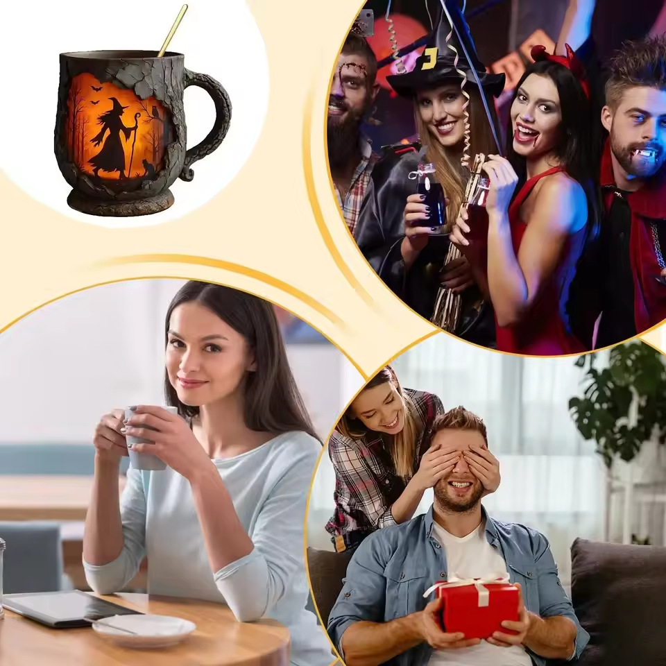 Handcrafted 3D Halloween Mug – Witch and Cat Design